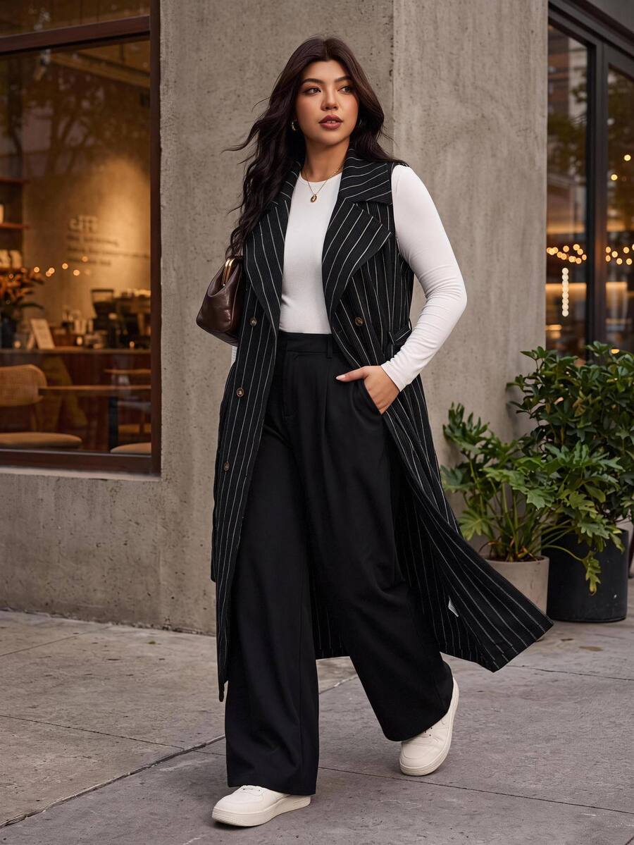 Enliva Plus-Size Women's Black Sleeveless Casual Elegant Smart Trench Coat, Leather Jacket Rounded Body Office Formal Business Autumn Fall Winter - Black - View 1