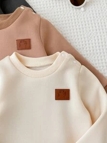 SHEIN 6pcs Toddler Baby Boy Bodysuit Sweatshirt Pants Preppy Khaki Grey Leather Patch Ribbed Long Sleeve Round Neck Regular Holiday Fall Christmas Baggy Solid - Brown - View 4