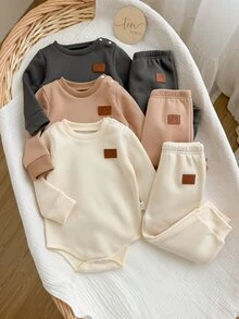 SHEIN 6pcs Toddler Baby Boy Bodysuit Sweatshirt Pants Preppy Khaki Grey Leather Patch Ribbed Long Sleeve Round Neck Regular Holiday Fall Christmas Baggy Solid - Brown - View 2