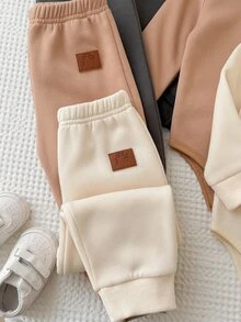 SHEIN 6pcs Toddler Baby Boy Bodysuit Sweatshirt Pants Preppy Khaki Grey Leather Patch Ribbed Long Sleeve Round Neck Regular Holiday Fall Christmas Baggy Solid - Brown - View 7