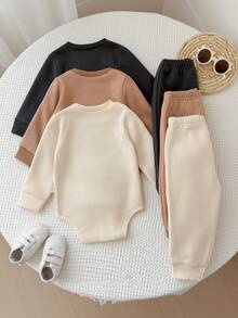SHEIN 6pcs Toddler Baby Boy Bodysuit Sweatshirt Pants Preppy Khaki Grey Leather Patch Ribbed Long Sleeve Round Neck Regular Holiday Fall Christmas Baggy Solid - Brown - View 10