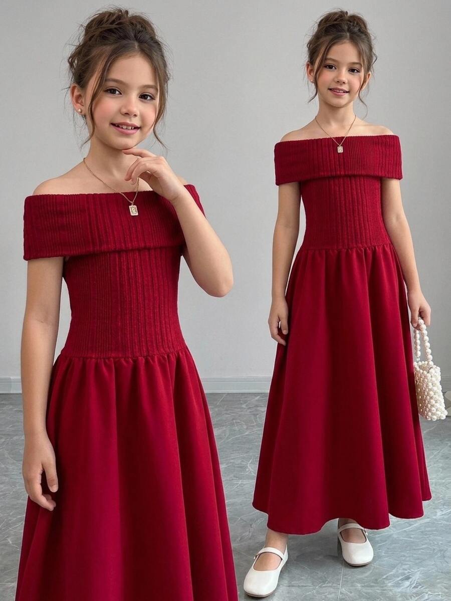 SHEIN Tween Girl Fashion Elegant Red Knit Patchwork One-Shoulder Off-Shoulder Ruched Long Dress, Christmas Party Dress Christmas Jumper - Burgundy - View 1