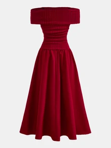 SHEIN Tween Girl Fashion Elegant Red Knit Patchwork One-Shoulder Off-Shoulder Ruched Long Dress, Christmas Party Dress Christmas Jumper - Burgundy - View 2