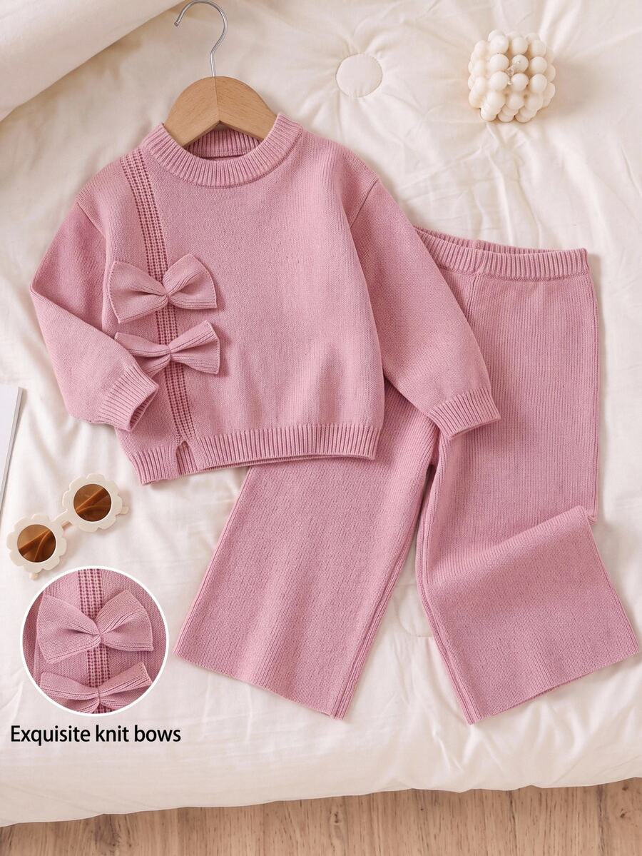 SHEIN Baby Girl Knit Solid Color Round Neck 3D Bow Casual Sweater & Long Autumn Pants 2 Pieces Set - Pink - View 1