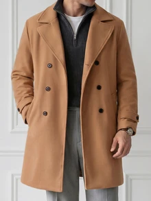 HUEFORM Men's Old Money Classic Double-Breasted Overcoat, Structured Loose Straight Fit, Wide Notch Lapel Design, Business Commute Casual British Style Wool - Khaki - View 3