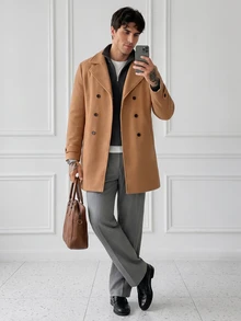 HUEFORM Men's Old Money Classic Double-Breasted Overcoat, Structured Loose Straight Fit, Wide Notch Lapel Design, Business Commute Casual British Style Wool - Khaki - View 5