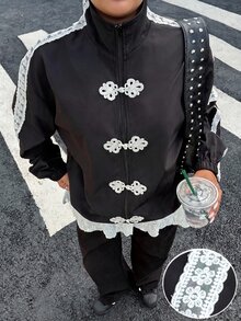 Muchica 大尺碼休閒街頭風毛茸茸1920年代復古優雅運動夾克，年輕女性穿著，蕾絲細節，傳統中式盤扣，秋季黑色辦公風 - 黑與白 - 查看 6