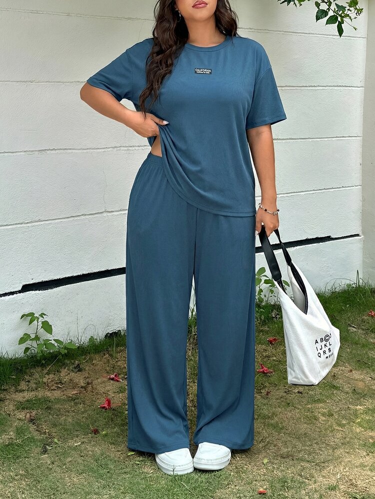 Muchica Plus Size Haze Blue Round Neck Short Sleeve Top And Pants Casual 2 Pieces Set, Spring/Summer - Dusty Blue - View 3
