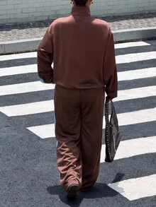 Muchica Plus Size Fall Brown Striped Colorblock Webbing Patchwork Casual Baggy Kawaii 80s 90s 70s Streetwear Loose Two Pieces Set Holiday Party Vacation Beach - Brown - View 3