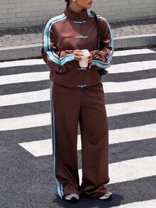 Muchica Plus Size Fall Brown Striped Colorblock Webbing Patchwork Casual Baggy Kawaii 80s 90s 70s Streetwear Loose Two Pieces Set Holiday Party Vacation Beach - Brown - View 6