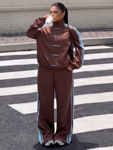 Muchica Plus Size Fall Brown Striped Colorblock Webbing Patchwork Casual Baggy Kawaii 80s 90s 70s Streetwear Loose Two Pieces Set Holiday Party Vacation Beach - Brown - View 2