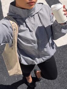 Muchica 大尺碼女款格紋梭織長袖拉鍊夾克，黑色秋季街頭風，寬鬆休閒優雅，適合旅行、外出、正式場合、夜店、辦公室與派對 - 彩色 - 查看 5