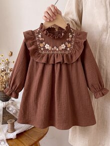 SHEIN Baby Girl Floral Embroidered Pattern Pleated Casual Daily Summer Dress - Brown - View 7