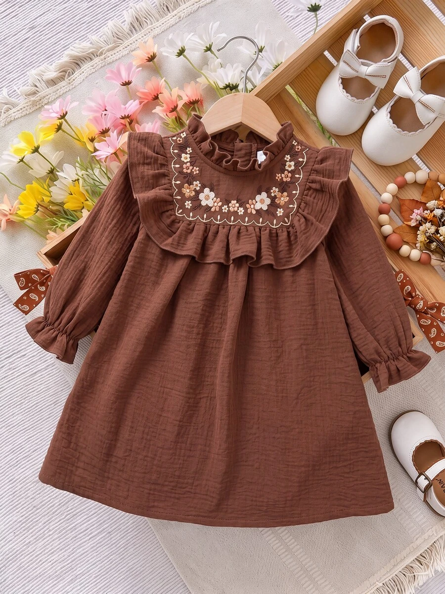 SHEIN Baby Girl Floral Embroidered Pattern Pleated Casual Daily Summer Dress - Brown - View 1