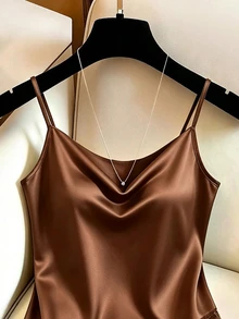 SHEIN 女款優雅對比蕾絲休閒緞面細肩帶背心上衣 - 棕色 - 查看 6