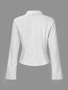 SHEIN Women's Button Front Long Sleeve Striped Casual Shirt,Long Sleeve Tops Fall Cloth For Women - White - View 8
