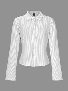SHEIN Women's Button Front Long Sleeve Striped Casual Shirt,Long Sleeve Tops Fall Cloth For Women - White - View 7