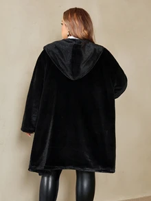 SHEIN CURVE+ Plus Size Black Faux Rabbit Fur Drop Shoulder Sleeve Women's Jacket, Autumn/Winter Plush Hooded Coat, Suitable For Plus Size 5XL-8XL - Black - View 2