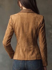 Yalmera Women's Woven Casual Contrast Leopard Jacket - Coffee Brown - View 2