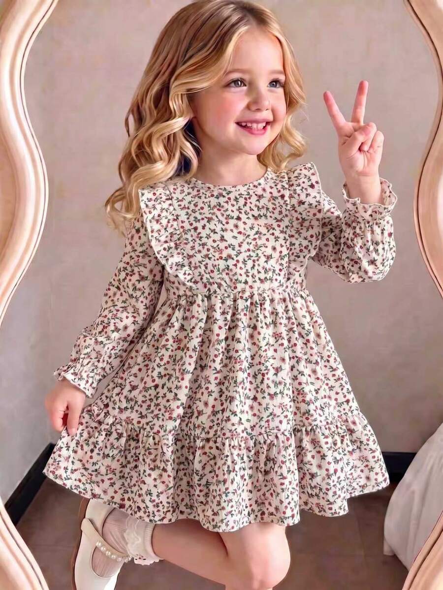 SHEIN Girlss Ditsy Floral Ruffle Collar Long Sleeve Dress Double-Layered 3D Elasticized Lettuce Hem Cuffs Matching Mommy Daughter 7th Birthday Fall Fairy - Multicolor - View 1