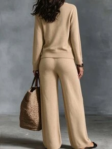 Breezaya Women's Lace Patchwork Long Sleeve Top And Pants Knit 2 Pieces Set - Khaki - View 2