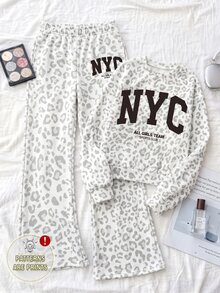 (1套) 青少年女孩秋季穿搭 NYC字母灰色豹紋圓領長袖衛衣與寬腿褲，休閒秋季街頭風服飾 - 彩色 - 查看 7