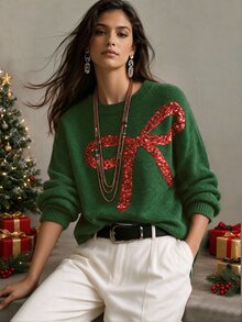 Breezaya Women's Bow Pattern Casual Daily Long Sleeve Sweater - Green - View 4