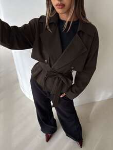 SHEIN Áo khoác trench ngắn casual cổ lớn màu trơn dệt cho thiếu nữ - Nhiều màu - Xem 3