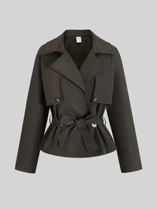 SHEIN Áo khoác trench ngắn casual cổ lớn màu trơn dệt cho thiếu nữ - Nhiều màu - Xem 1