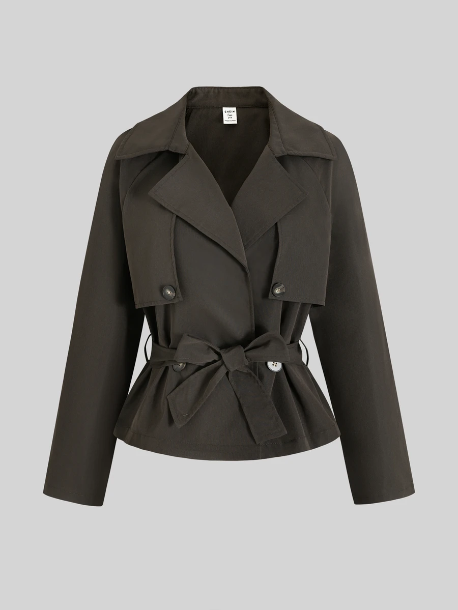 SHEIN Áo khoác trench ngắn casual cổ lớn màu trơn dệt cho thiếu nữ - Nhiều màu - Xem 1