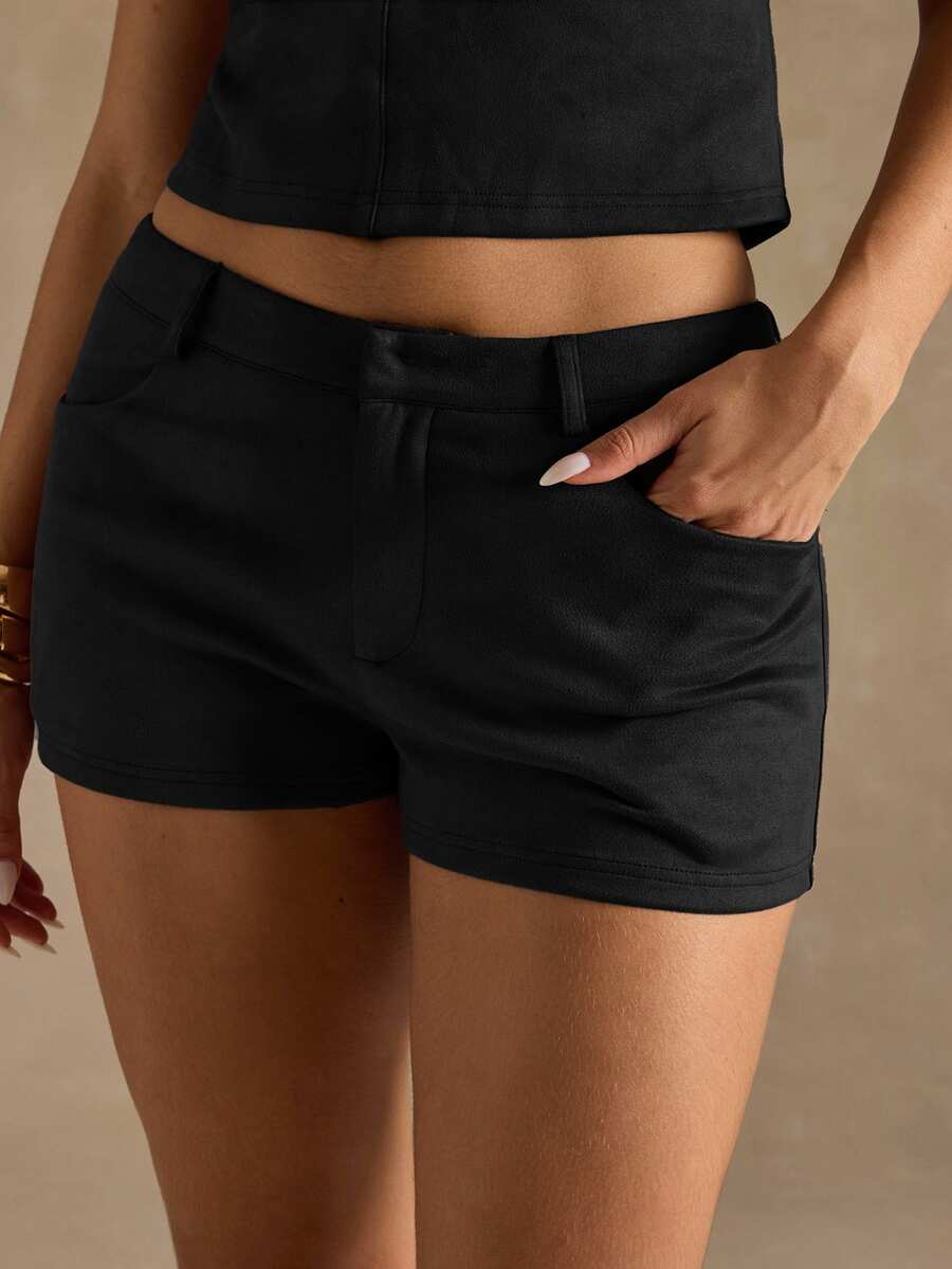 SHEIN BAE 女士纯色口袋修身休闲短裤 - 黑色 - 查看 1