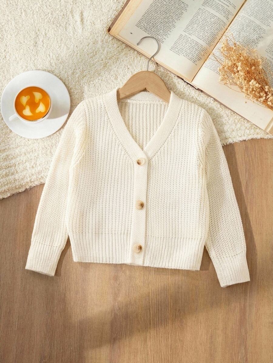 SHEIN Girls' Beige White Light Yellow Apricot Cardigan Comfortable Creative Hook-Ear Pattern Simple Versatile Thin Lantern Sleeve V-Neck Ribbed Cuff Fall - Beige - View 1