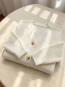SHEIN Girls' Beige White Light Yellow Apricot Cardigan Comfortable Creative Hook-Ear Pattern Simple Versatile Thin Lantern Sleeve V-Neck Ribbed Cuff Fall - Beige - View 3