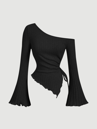 Skyraze Kaos Wanita Aprikot dengan Tali Serut, Hem Asimetris, Lengan Mengembang, Kaos Bahu Terbuka, Pakaian Wanita Musim Gugur, Pakaian, Kaos Nyaman