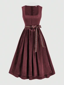 Fairmaia German Traditional Square Neck Belted Sleeveless Dress For Women, Halloween - Red - View 3