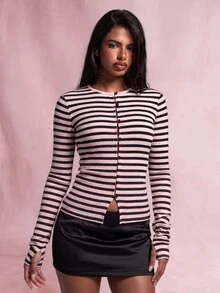 Nooralise Women's Casual Striped Button-Up Top - Pink - View 6
