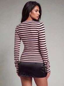 Nooralise Women's Casual Striped Button-Up Top - Pink - View 3