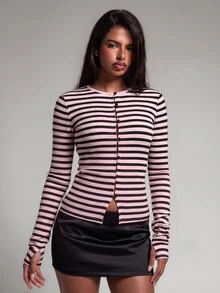 Nooralise Women's Casual Striped Button-Up Top - Pink - View 7