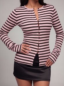 Nooralise Women's Casual Striped Button-Up Top - Pink - View 1