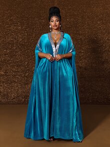 Maweii Plus Size Velvet Long Robe Dress For Women, V-Neck Sequin Trim Loose Batwing Sleeve Dress, Party Evening Gown - Dusty Blue - View 5