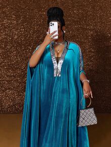Maweii Plus Size Velvet Long Robe Dress For Women, V-Neck Sequin Trim Loose Batwing Sleeve Dress, Party Evening Gown - Dusty Blue - View 1