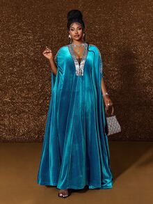 Maweii Plus Size Velvet Long Robe Dress For Women, V-Neck Sequin Trim Loose Batwing Sleeve Dress, Party Evening Gown - Dusty Blue - View 3