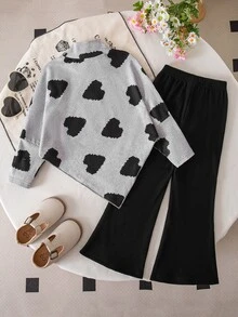 SHEIN Young Girls Casual T-Shirt & Pants, Design Asymmetrical Pullover High Neck Deep Brown Knitted Ribbed Fabric Sleeve Thermal Flared Pants, 2 Pcs Fall - Grey - View 2