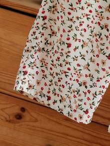SHEIN Cute Young Girls Apricot Round Neck Sleeveless Floral Print Tank Top With Ruffle Hem And Regular Length Co-Ords - Apricot - View 5