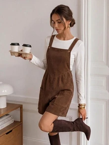 Easowa Women's Corduroy Overall Jumpsuit Brown Sleeveless With Pockets Casual Loose Fit Short Romper For Everyday Wear - Brown - View 5