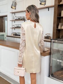 Easowa Women Elegant Fall/Winter Dress Cream Short Dress With Delicate Lace Long Sleeves Party Luxury Christmas New Year Chic Evening Modest Wedding - Apricot - View 6