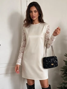 Easowa Women Elegant Fall/Winter Dress Cream Short Dress With Delicate Lace Long Sleeves Party Luxury Christmas New Year Chic Evening Modest Wedding - Apricot - View 3