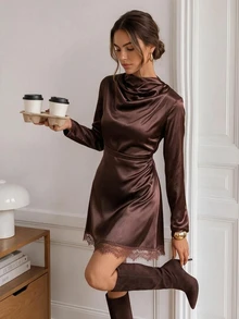 Easowa Womens Fall/Winter Elegant Mini Dress With Draped Neckline Long Sleeves And Lace Trim For Evening Or Party Wear Date Night Christmas New Year - Dark Brown - View 3