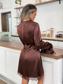 Easowa Womens Fall/Winter Elegant Mini Dress With Draped Neckline Long Sleeves And Lace Trim For Evening Or Party Wear Date Night Christmas New Year - Dark Brown - View 7