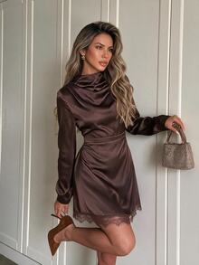 Easowa Womens Fall/Winter Elegant Mini Dress With Draped Neckline Long Sleeves And Lace Trim For Evening Or Party Wear Date Night Christmas New Year - Dark Brown - View 2